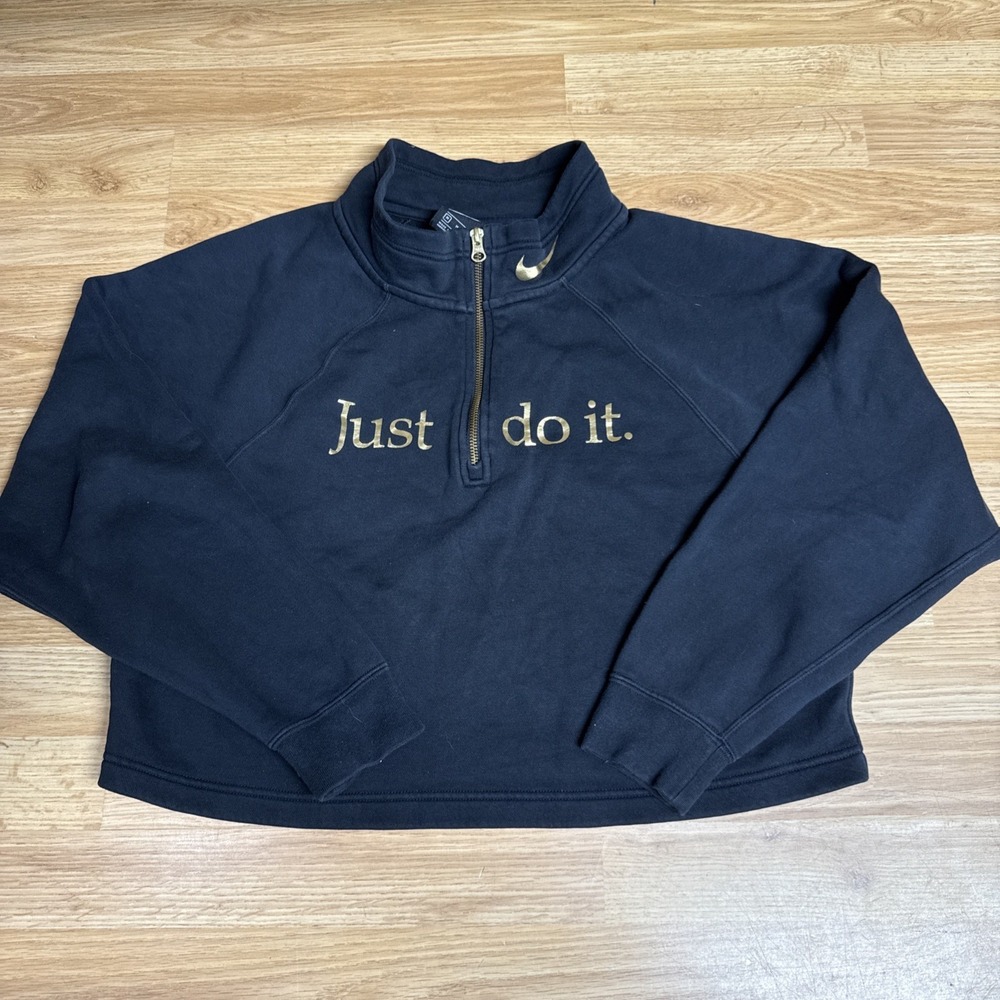 Nike "Just do it" Cropped Top Womens Metallic Logo Black 1/4 Zip LS Sweatshirt M